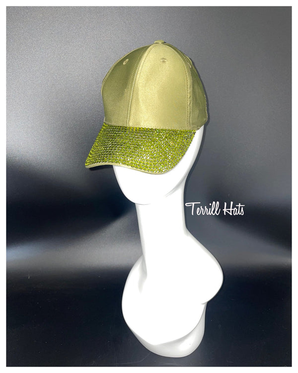 Silk Olive Green Baseball Cap With Crystal Brim.