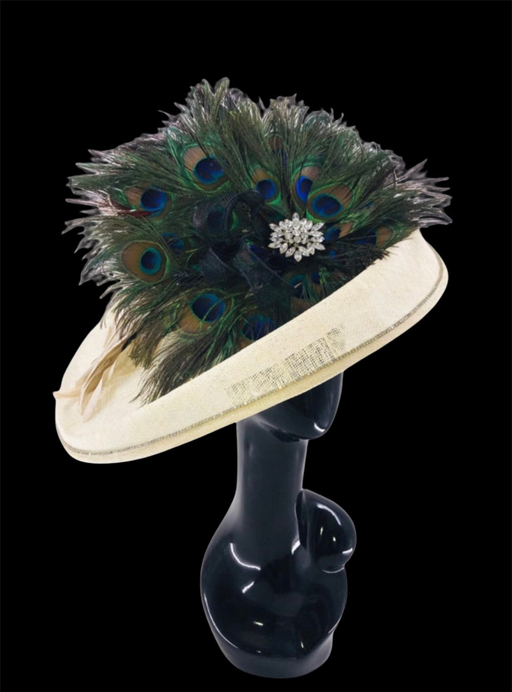 Cream White Fascinator with Green Peacock Feathers & Crystal