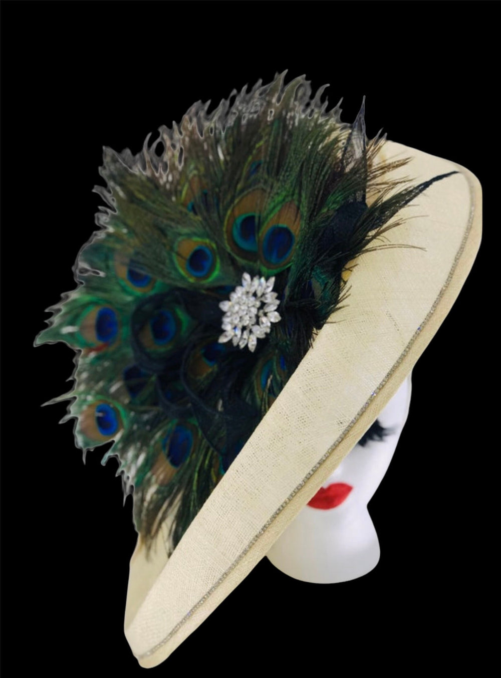 Cream White Fascinator with Green Peacock Feathers & Crystal