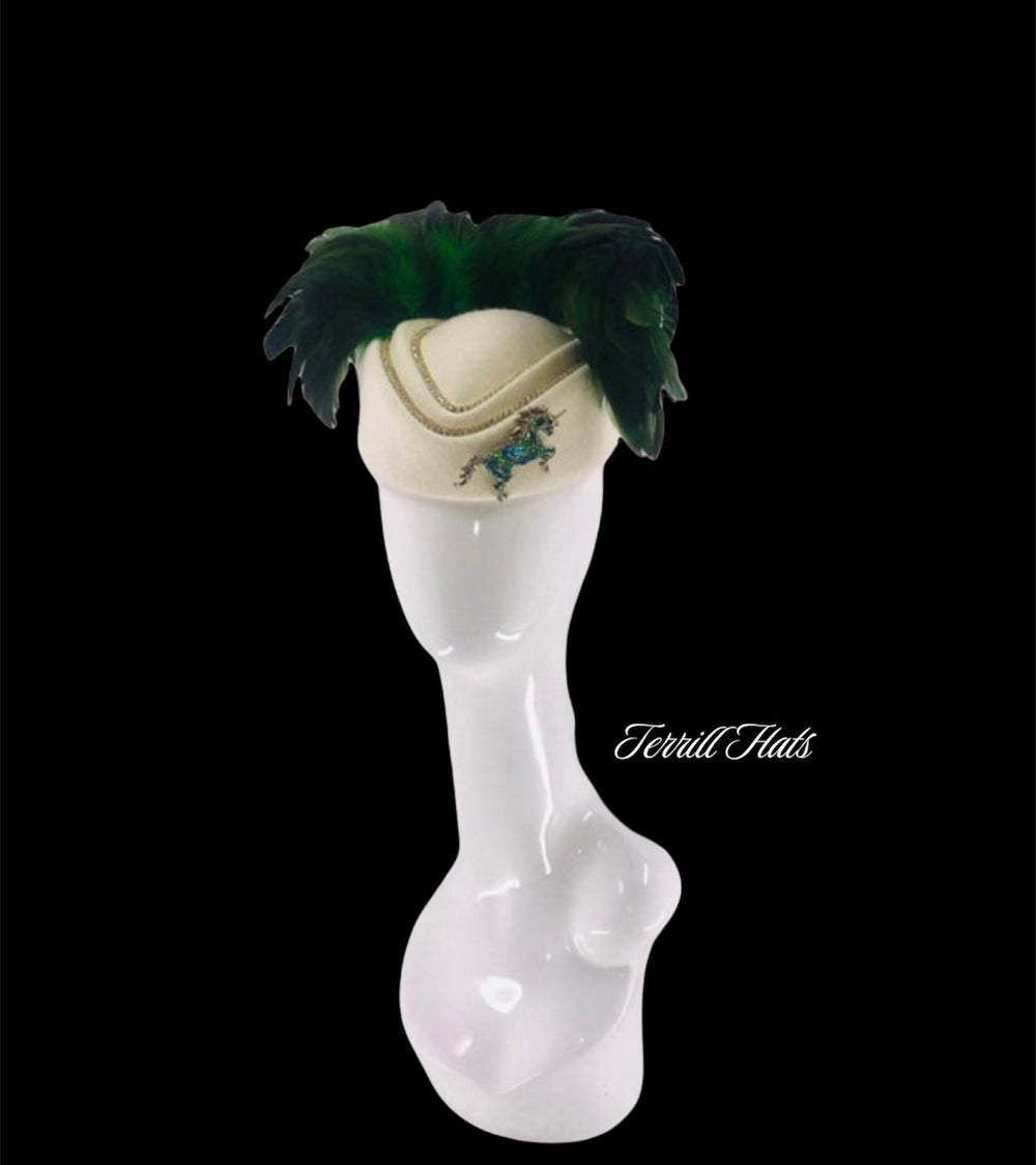 Green & White Rhinestone Feather Fascinator Hat With Crystal Unicorn Horse Kentucky Derby Fascinator