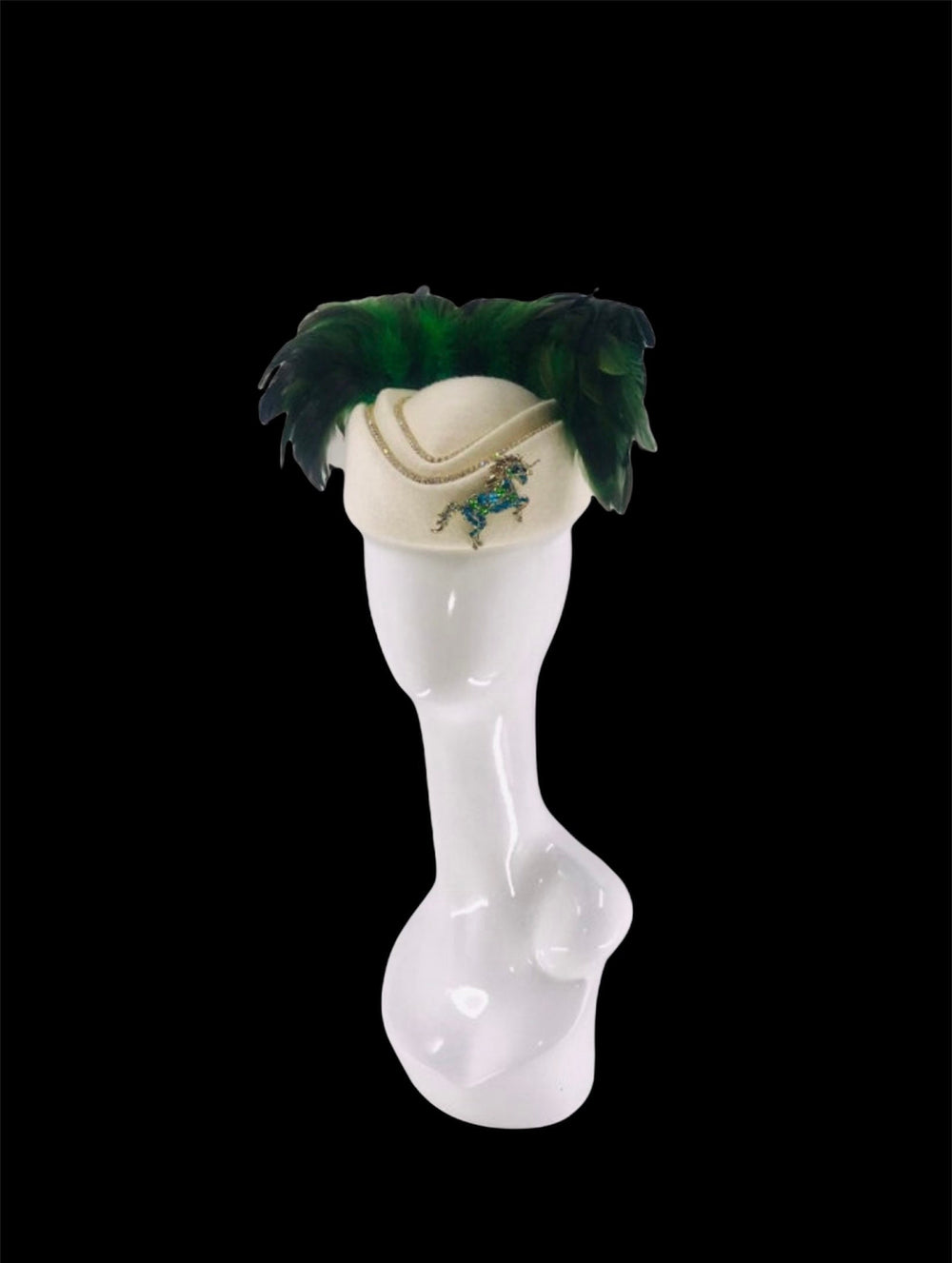 Green & White Rhinestone Feather Fascinator Hat With Crystal Unicorn Horse Kentucky Derby Fascinator