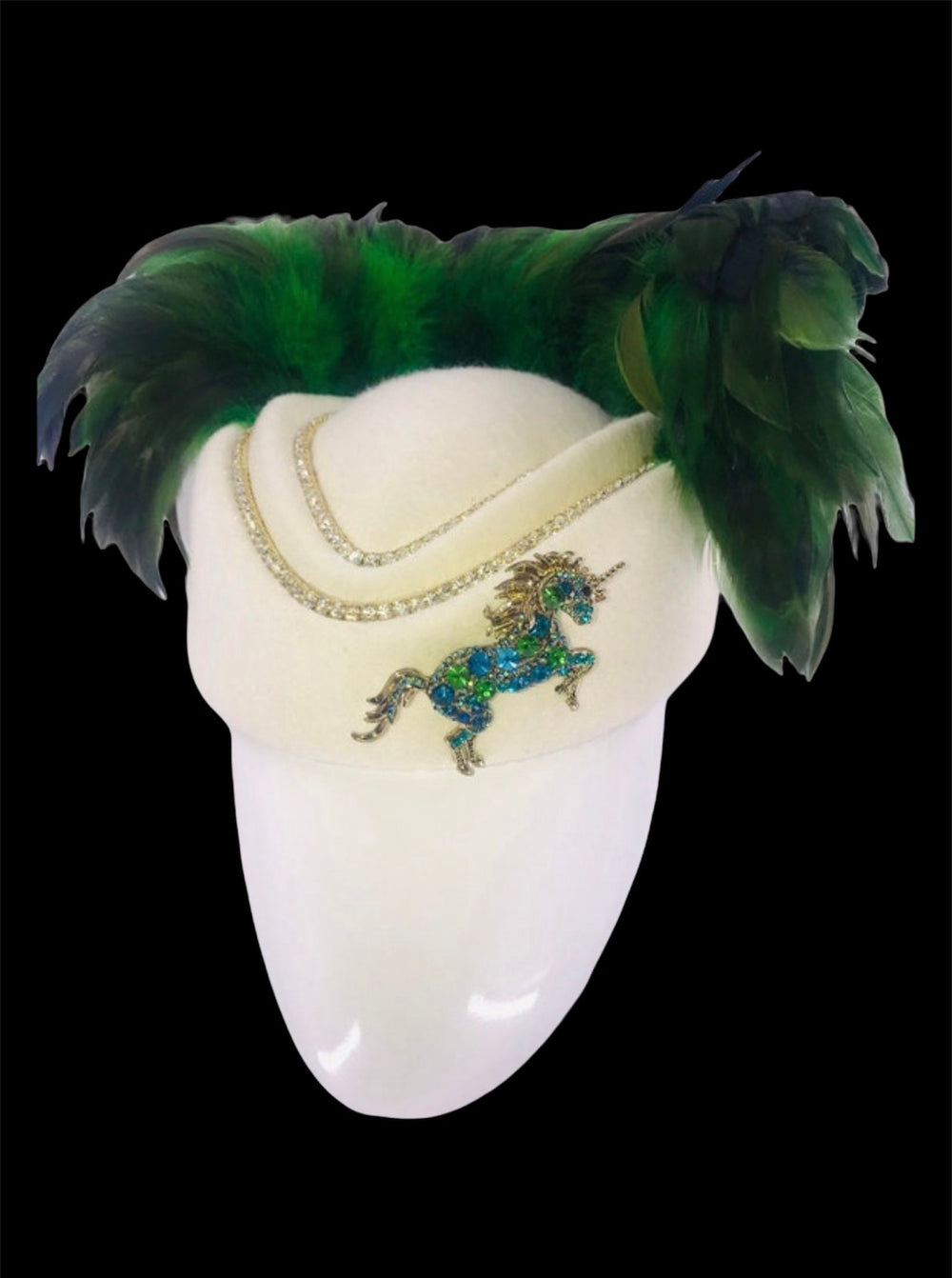 Green & White Rhinestone Feather Fascinator Hat With Crystal Unicorn Horse Kentucky Derby Fascinator