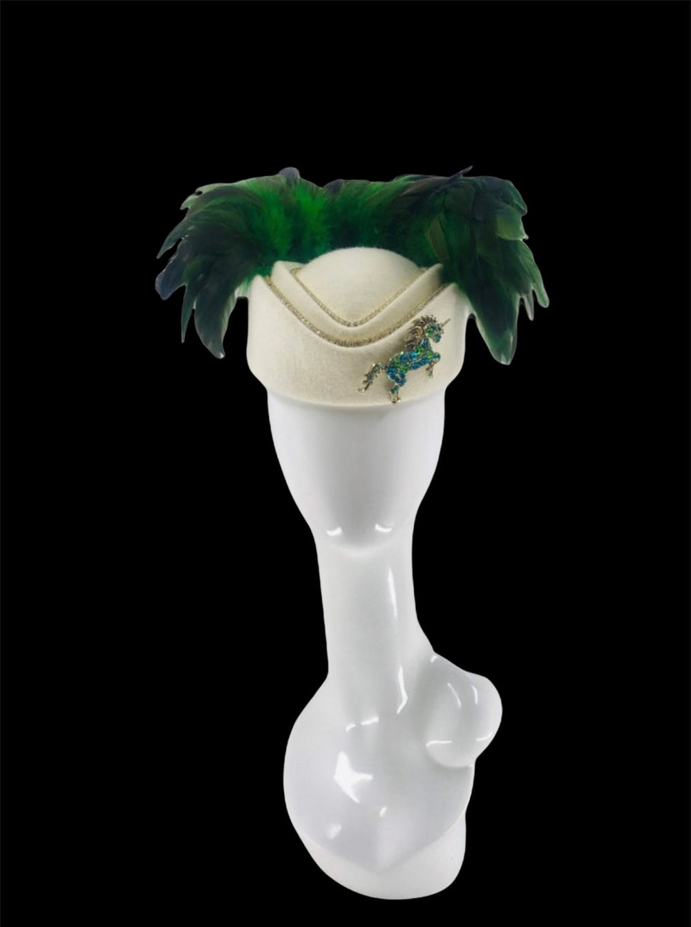 Green & White Rhinestone Feather Fascinator Hat With Crystal Unicorn Horse Kentucky Derby Fascinator