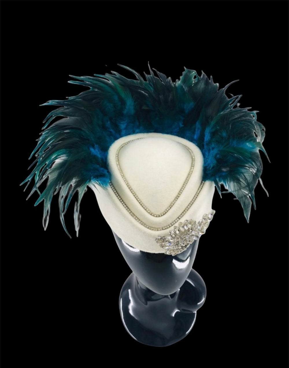 Blue & Green Feather Fascinator on White Chic Mini Hat