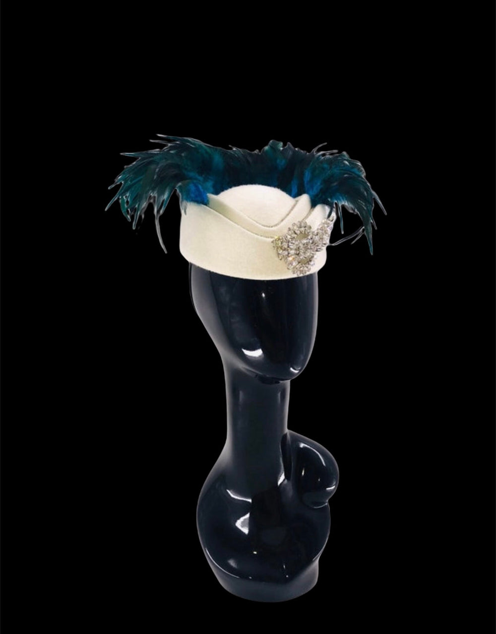 Blue & Green Feather Fascinator on White Chic Mini Hat