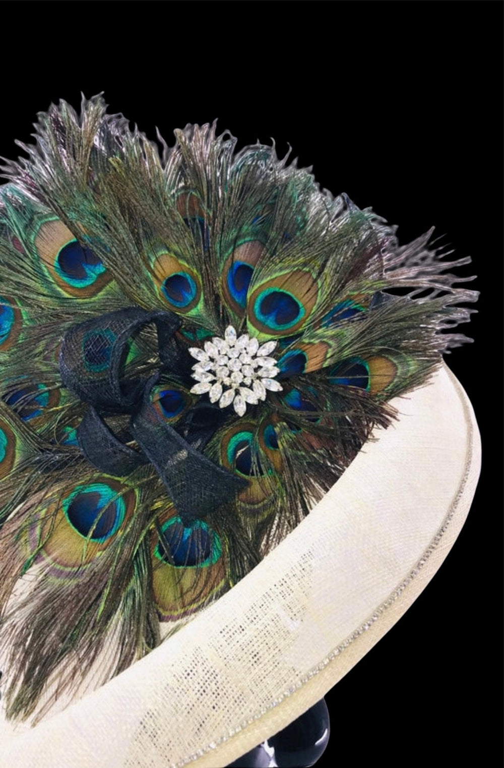 Cream White Fascinator with Green Peacock Feathers & Crystal