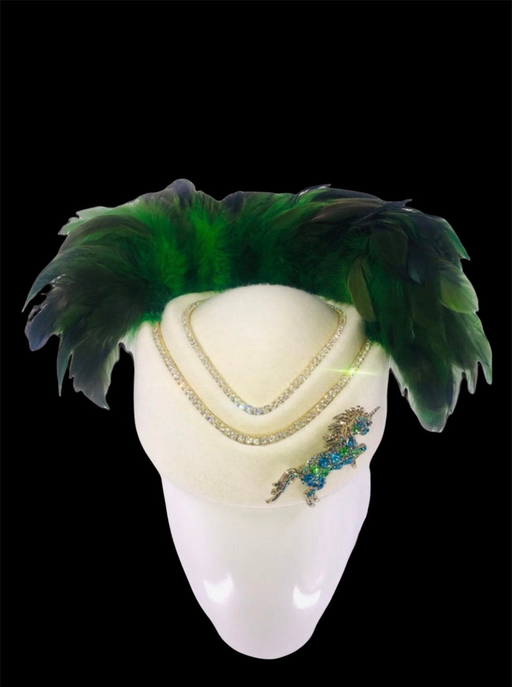 Green & White Rhinestone Feather Fascinator Hat With Crystal Unicorn Horse Kentucky Derby Fascinator