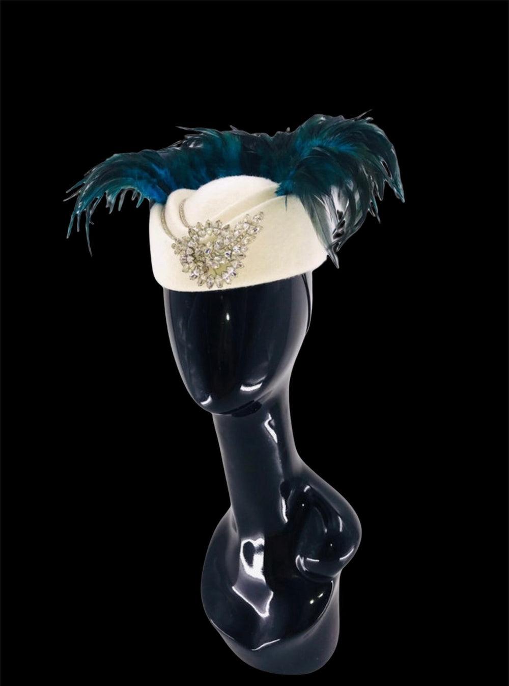 Blue & Green Feather Fascinator on White Chic Mini Hat