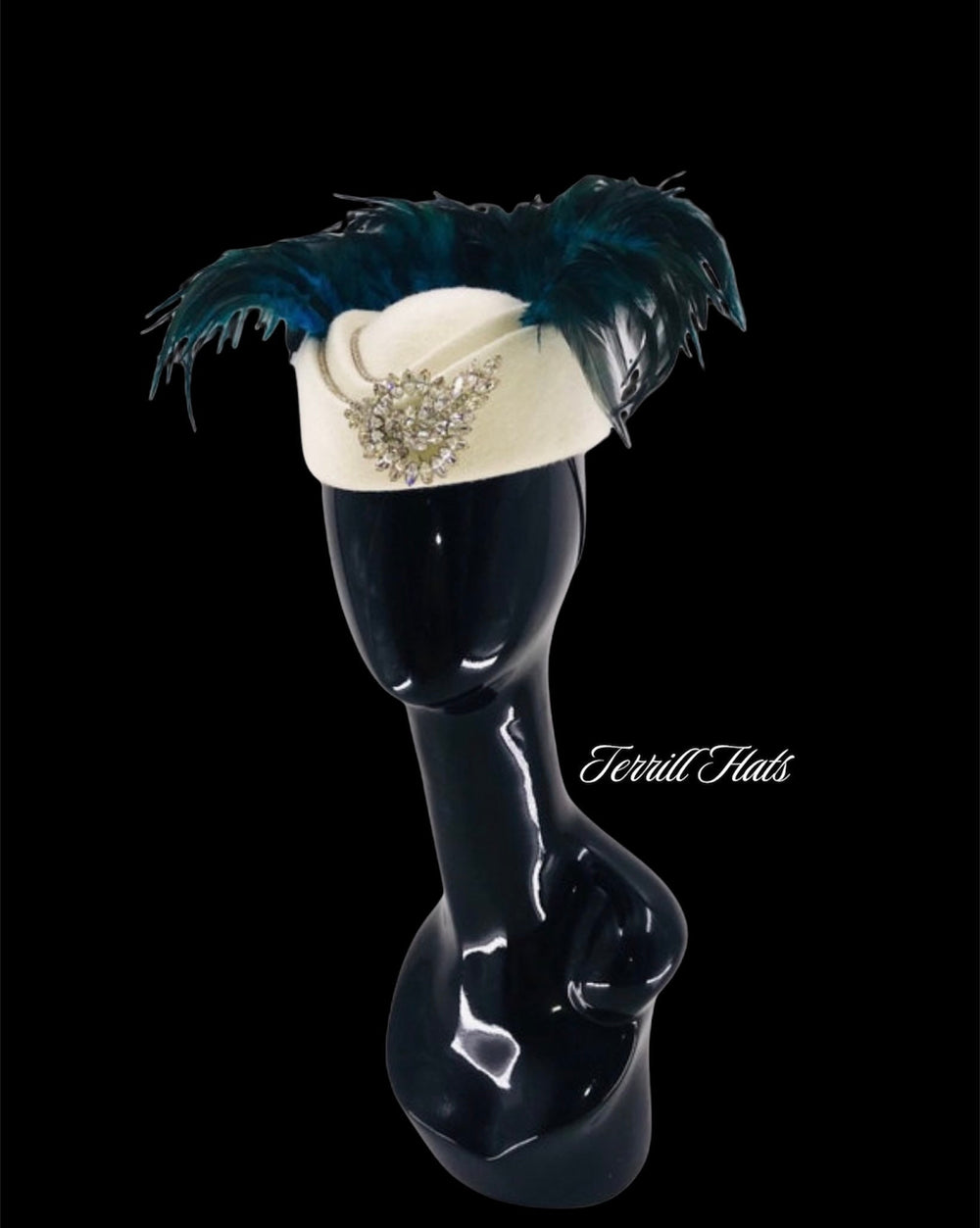 Blue & Green Feather Fascinator on White Chic Mini Hat
