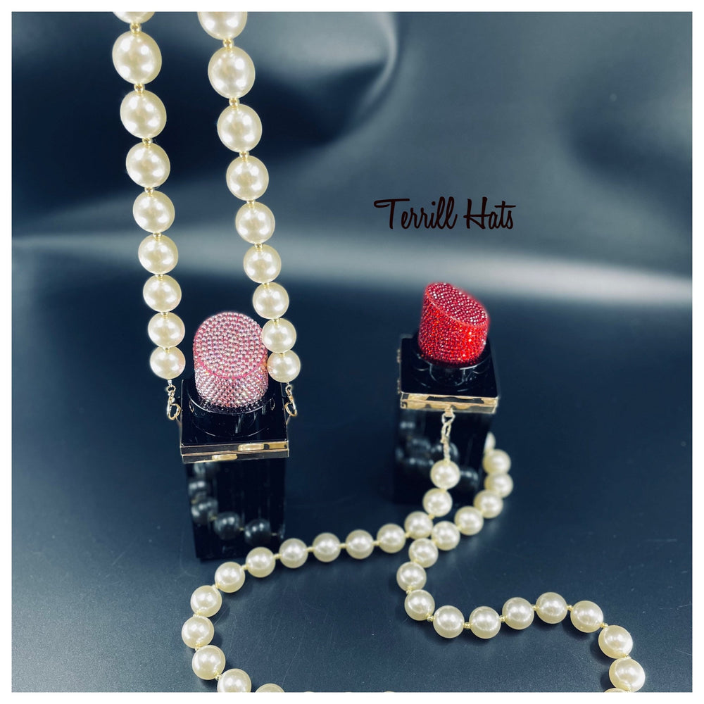 Crystal Lipstick Handbag W/Pearl Strap