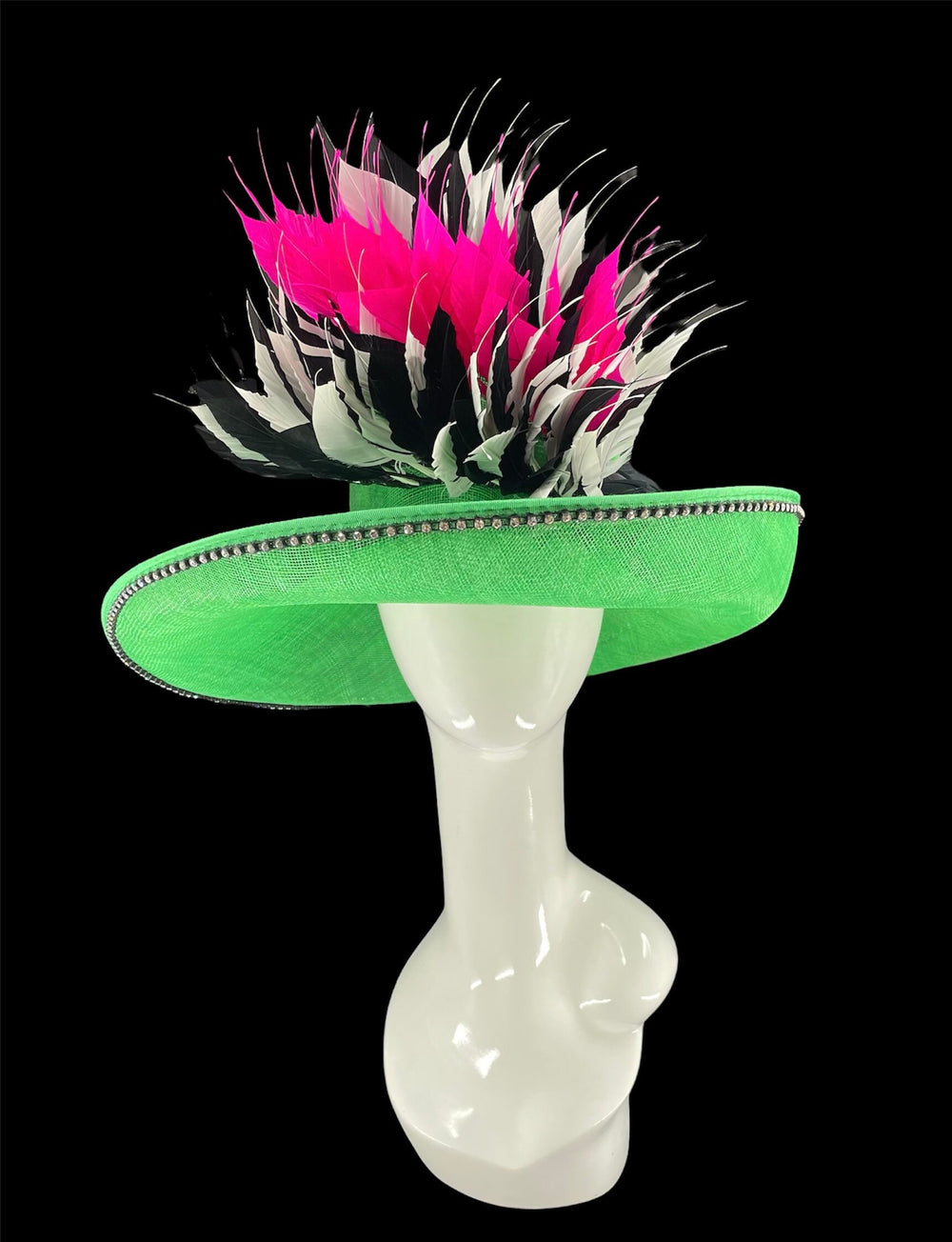 Green, Pink & Black Big Kentucky Derby Hat With Feathers