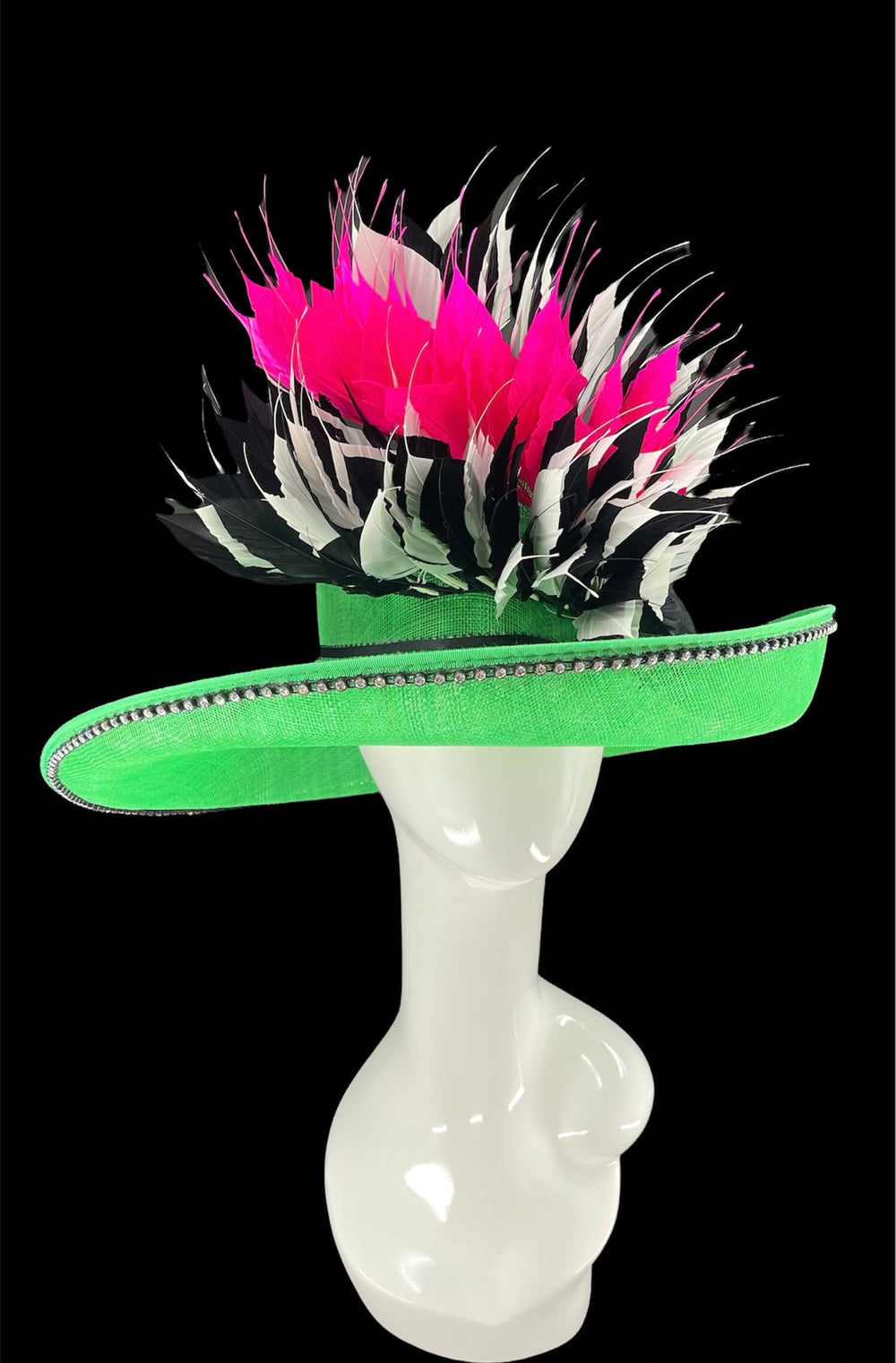 Green, Pink & Black Big Kentucky Derby Hat With Feathers