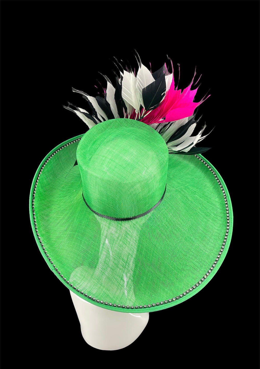Green, Pink & Black Big Kentucky Derby Hat With Feathers