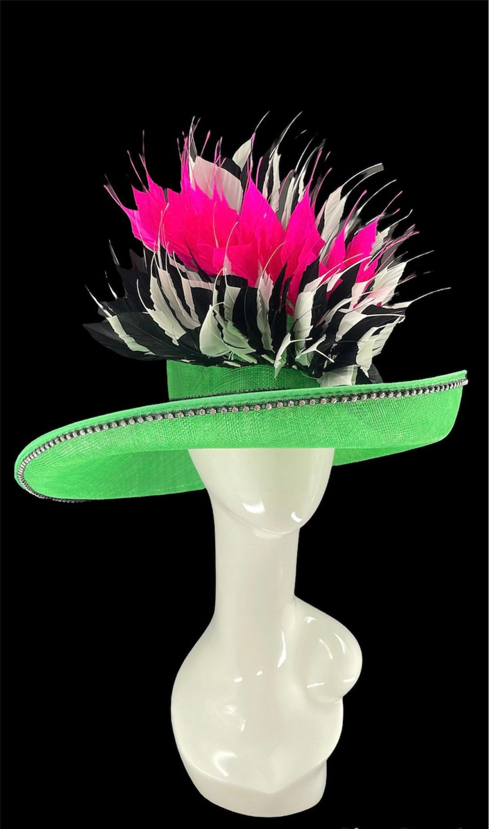 Green, Pink & Black Big Kentucky Derby Hat With Feathers