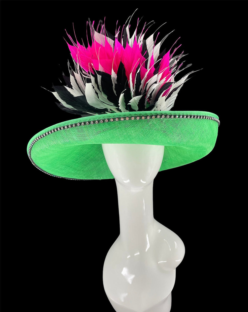 Green, Pink & Black Big Kentucky Derby Hat With Feathers