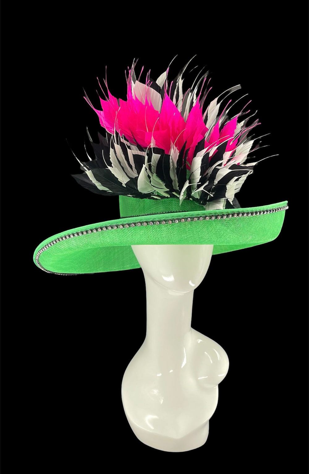 Green, Pink & Black Big Kentucky Derby Hat With Feathers