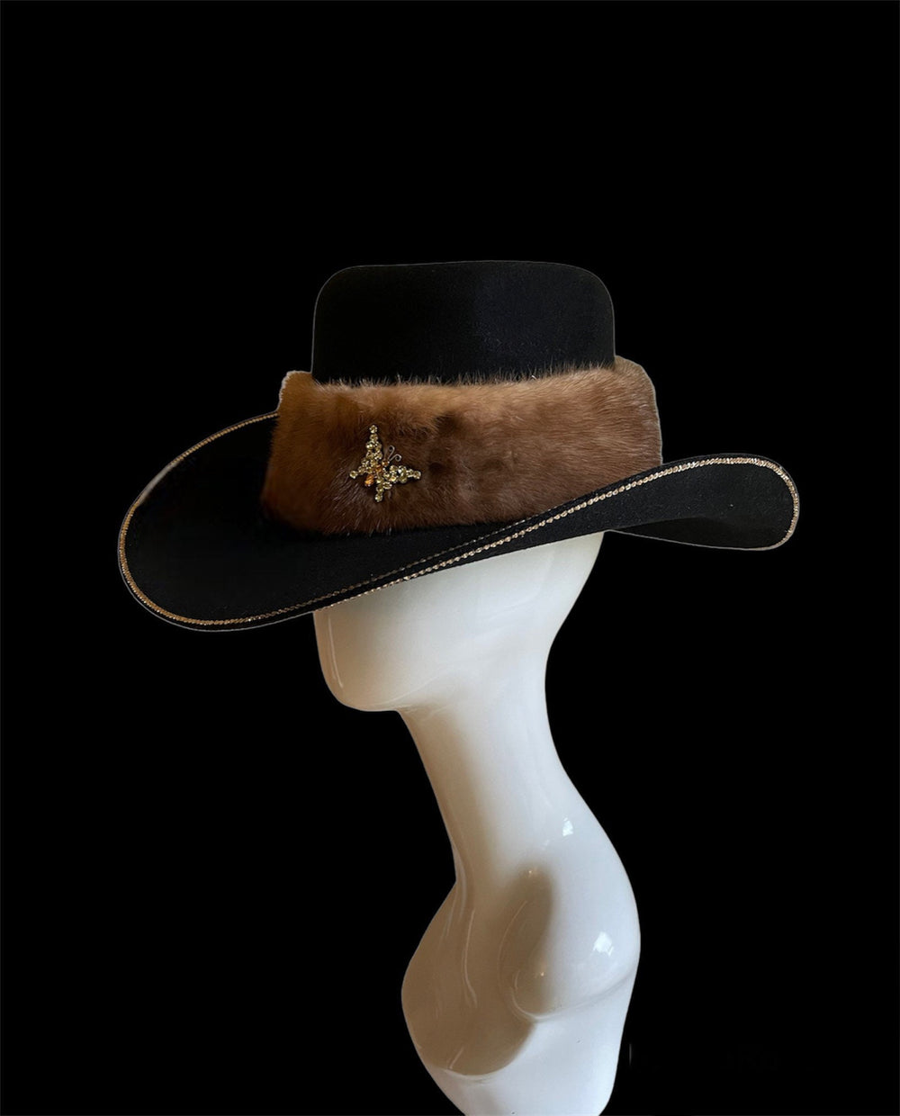 Black Big Cowboy Hat With Real Fur and Swarovski Crystals