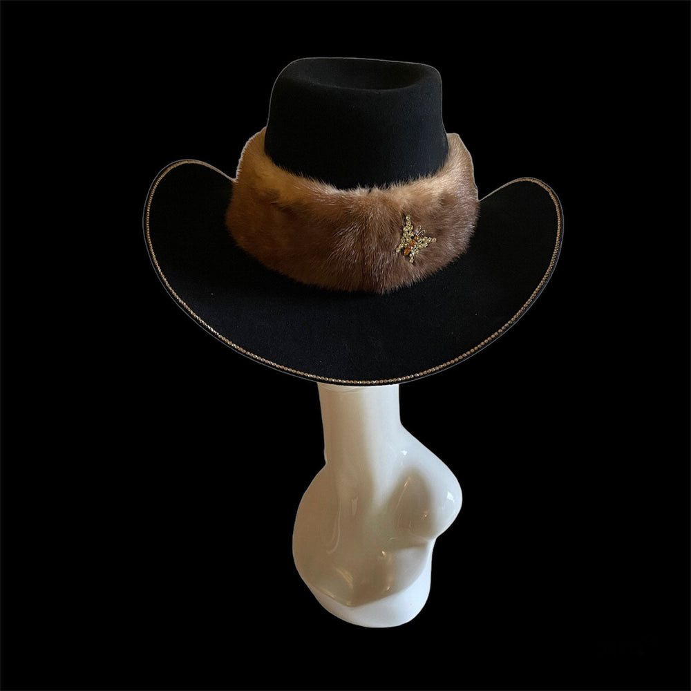 Black Big Cowboy Hat With Real Fur and Swarovski Crystals
