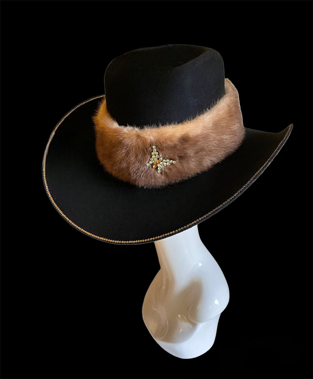 Black Big Cowboy Hat With Real Fur and Swarovski Crystals