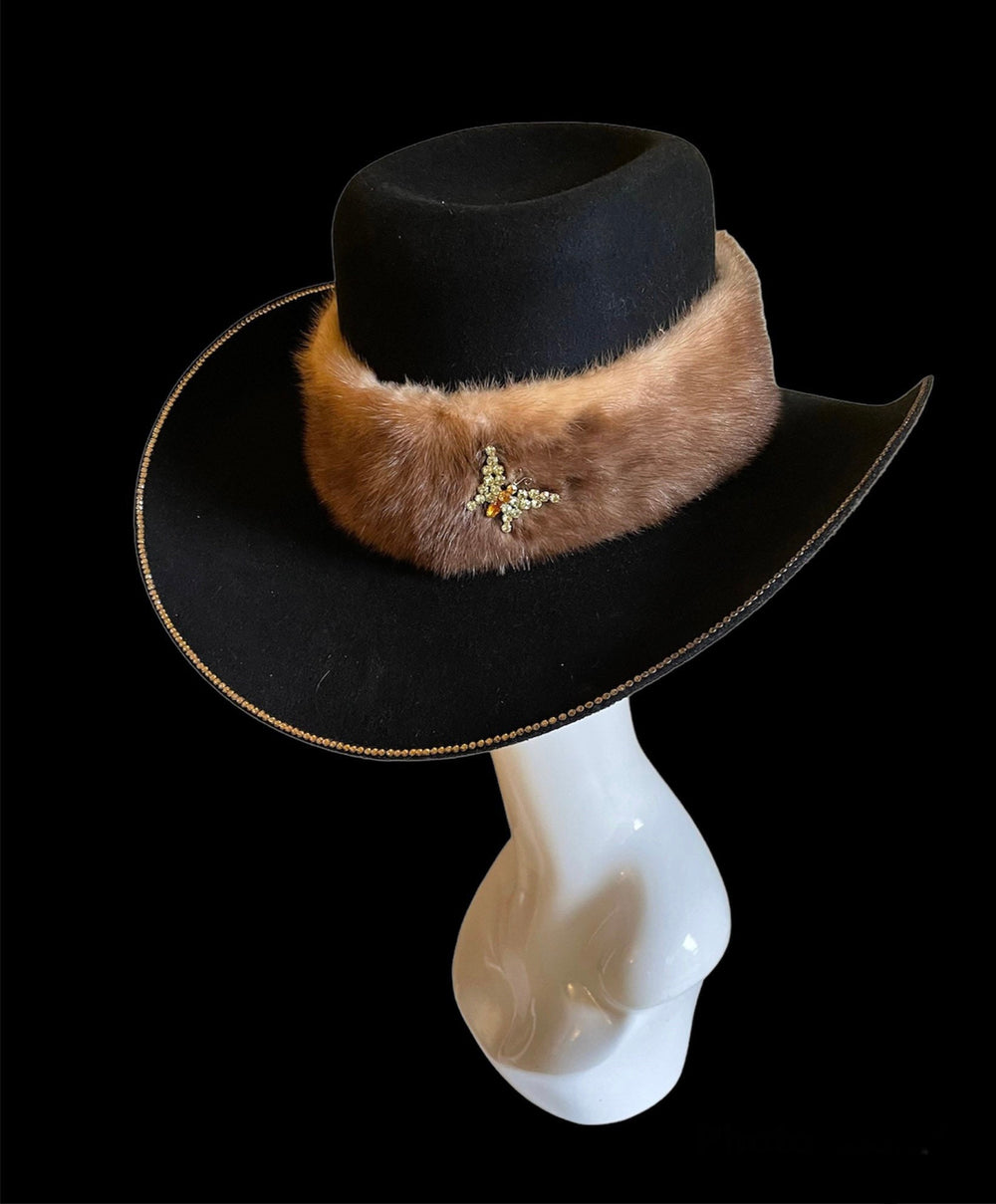 Black Big Cowboy Hat With Real Fur and Swarovski Crystals