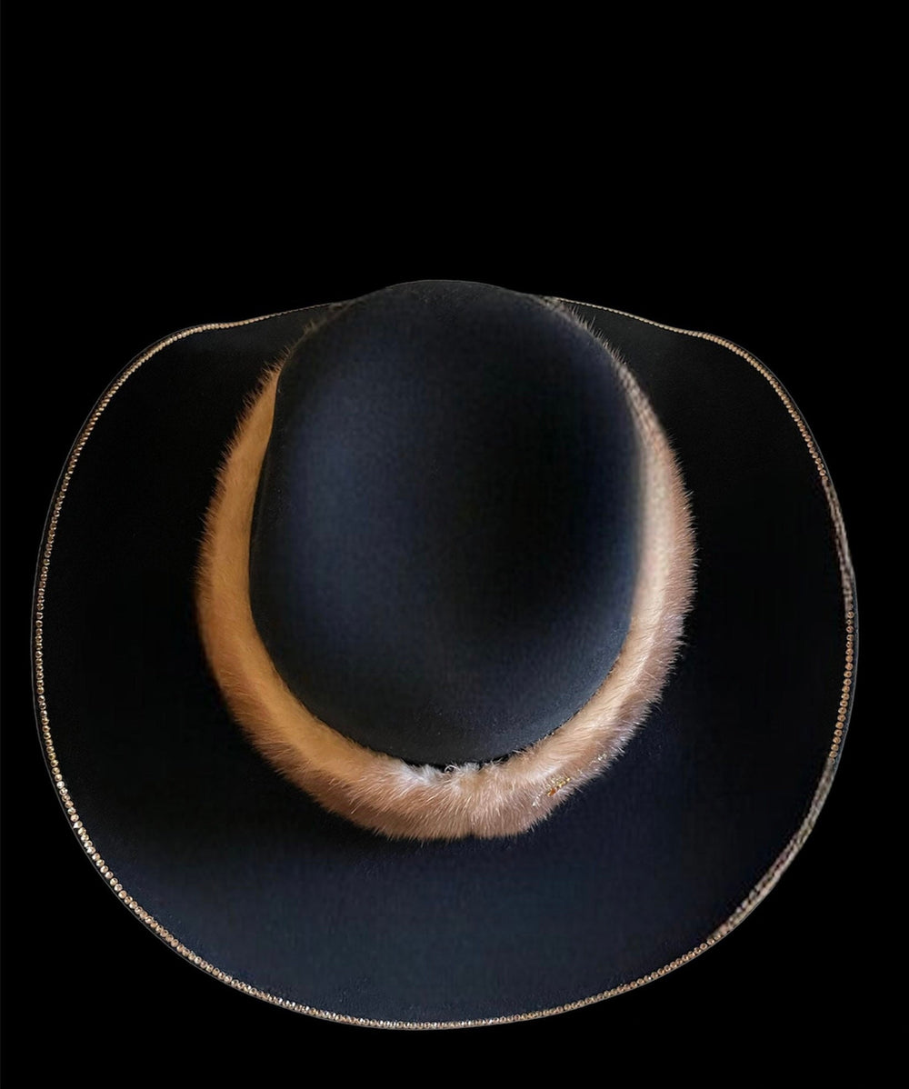 Black Big Cowboy Hat With Real Fur and Swarovski Crystals