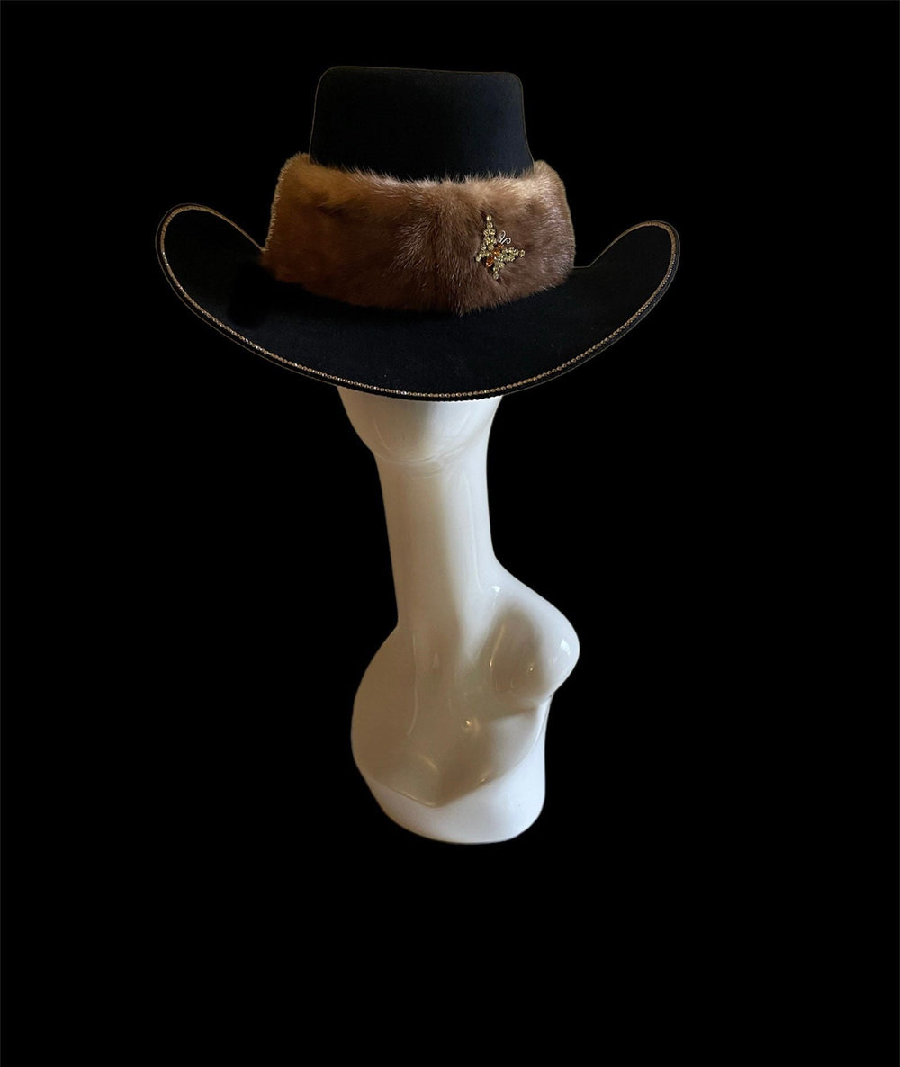 Black Big Cowboy Hat With Real Fur and Swarovski Crystals
