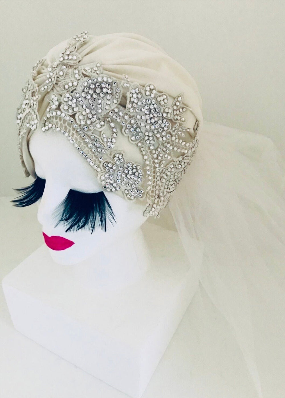 Vintage White  Wedding Turban Veil W/Swarovski Crystals