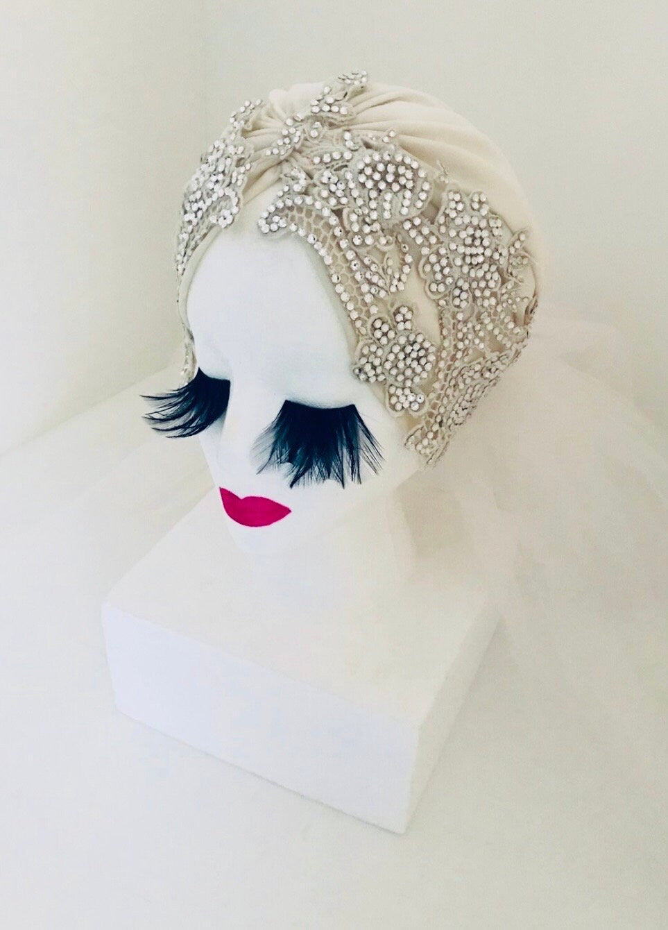 Vintage White  Wedding Turban Veil W/Swarovski Crystals