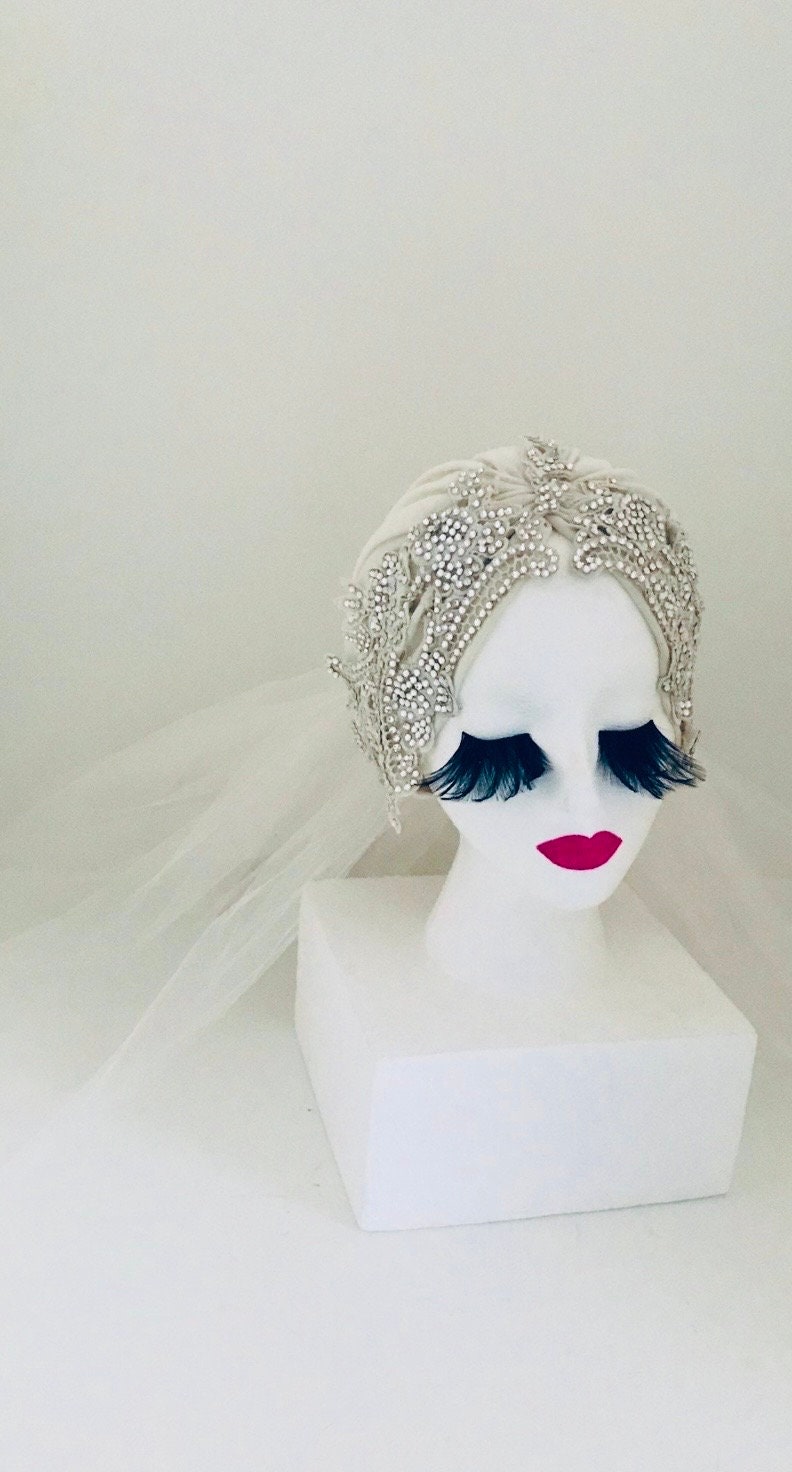 Vintage White  Wedding Turban Veil W/Swarovski Crystals