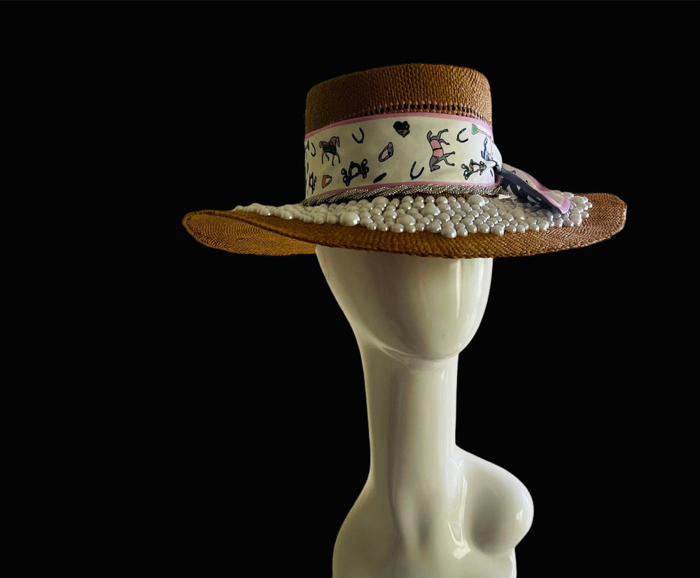 Big Brim Sun Hat W/Pearls, Crystals & Horse Ribbon