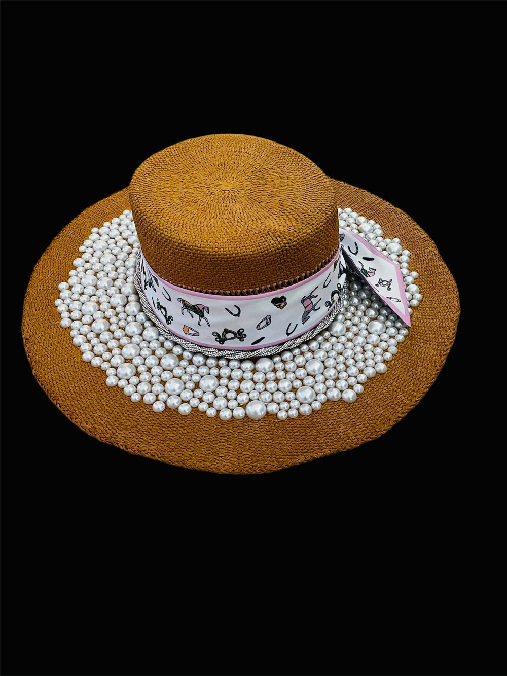 Big Brim Sun Hat W/Pearls, Crystals & Horse Ribbon