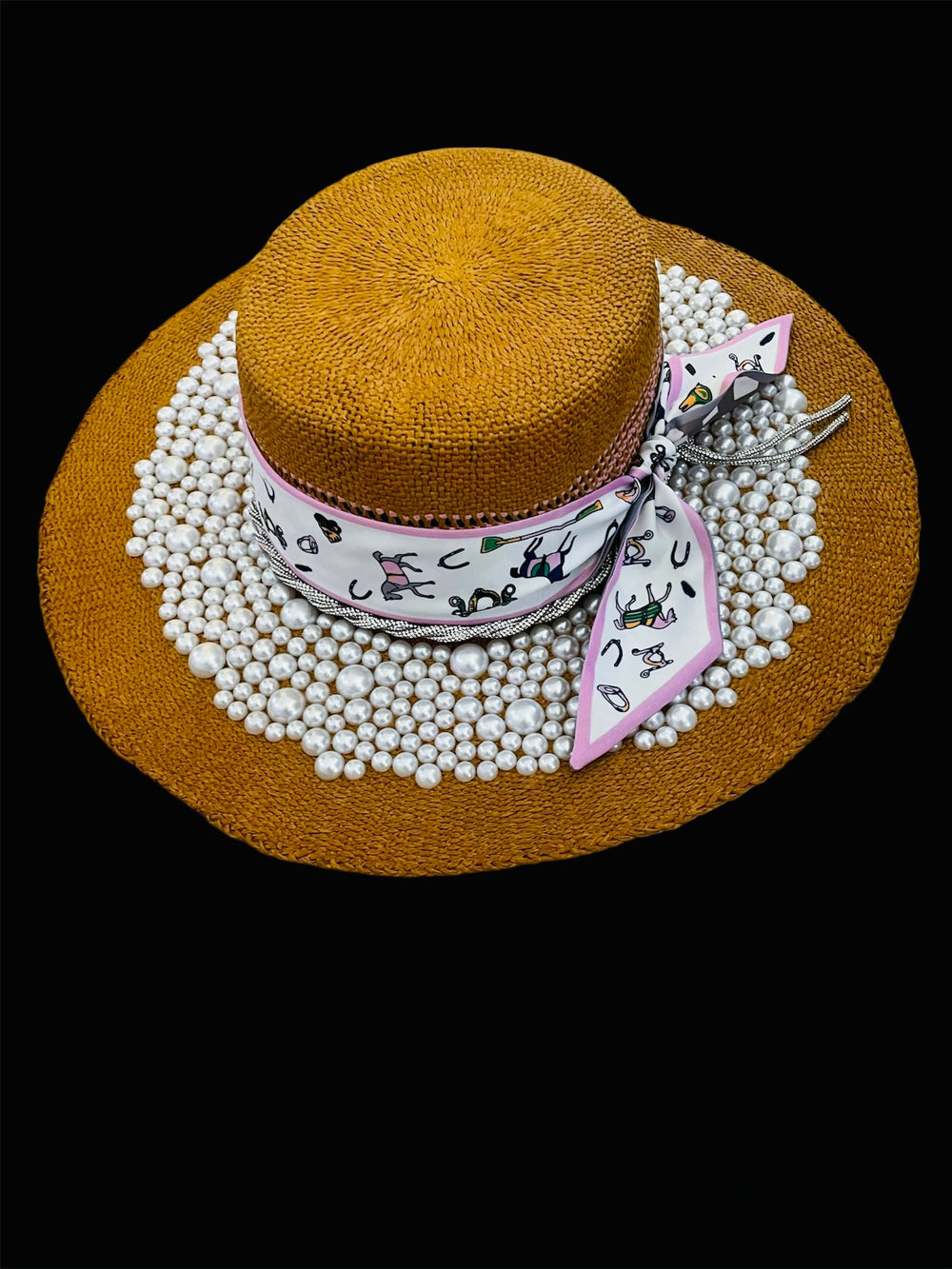Big Brim Sun Hat W/Pearls, Crystals & Horse Ribbon