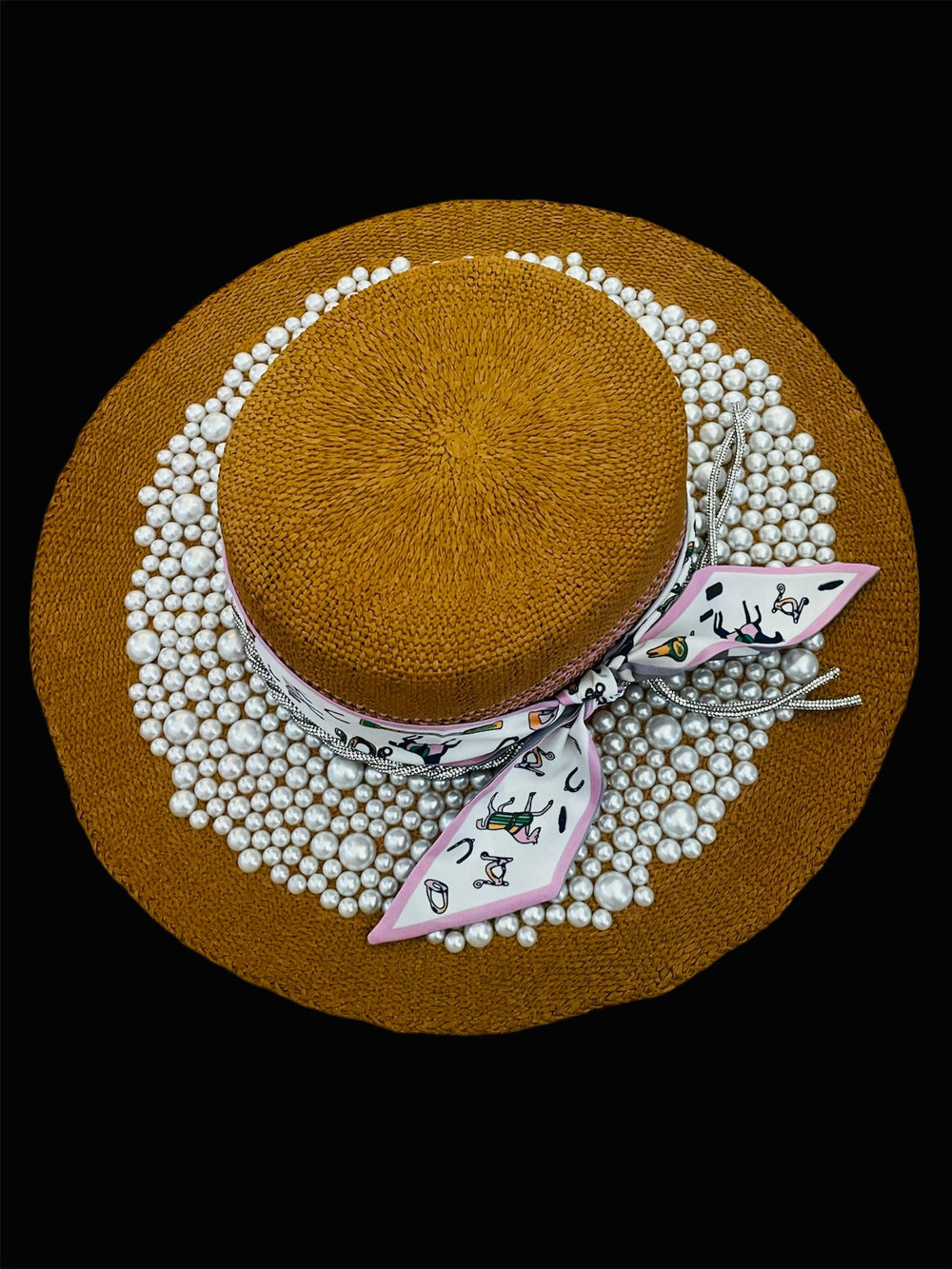 Big Brim Sun Hat W/Pearls, Crystals & Horse Ribbon
