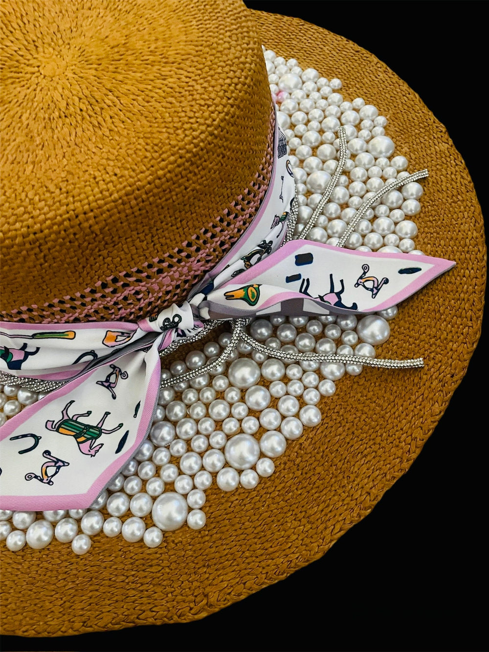 Big Brim Sun Hat W/Pearls, Crystals & Horse Ribbon
