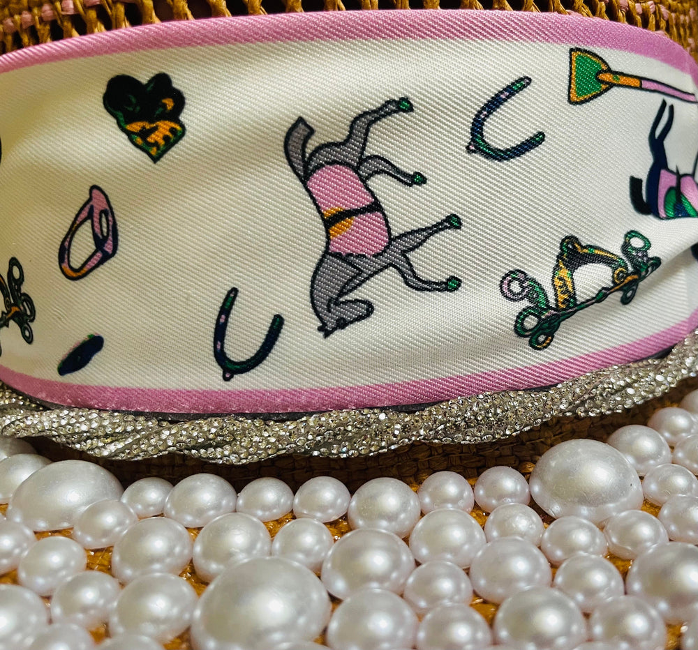 Big Brim Sun Hat W/Pearls, Crystals & Horse Ribbon