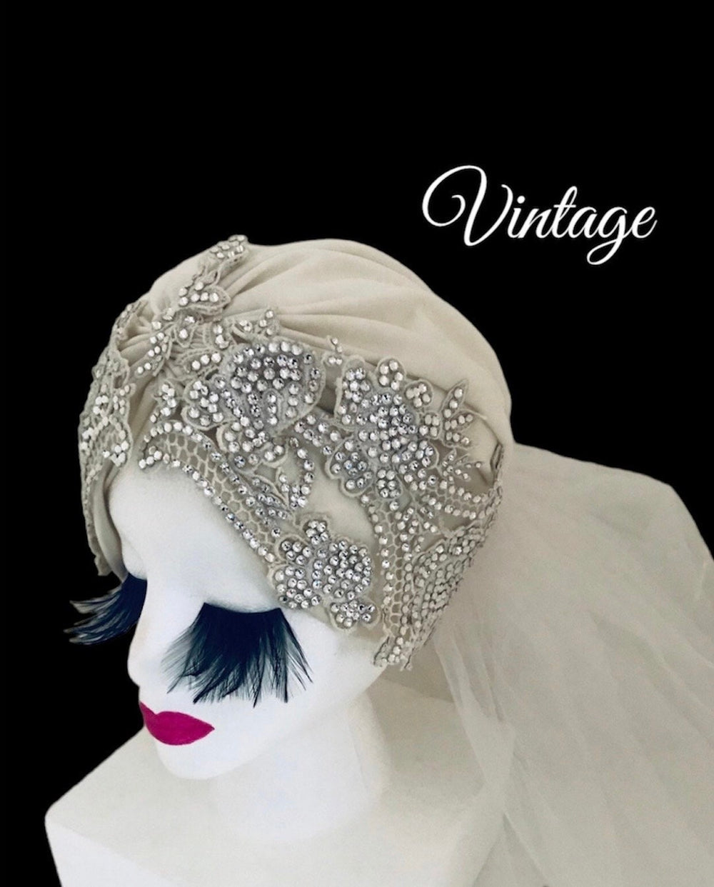 Vintage White  Wedding Turban Veil W/Swarovski Crystals