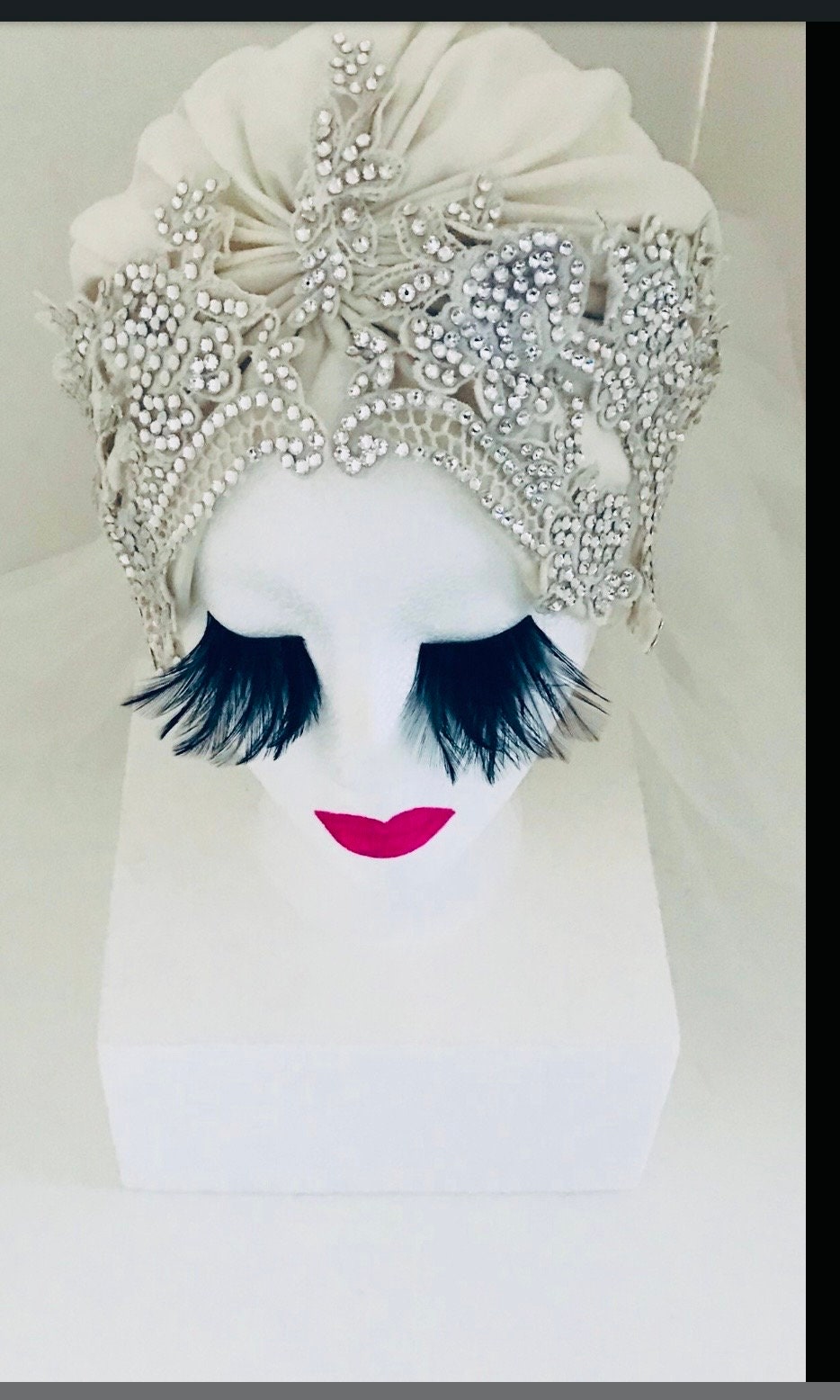 Vintage White  Wedding Turban Veil W/Swarovski Crystals