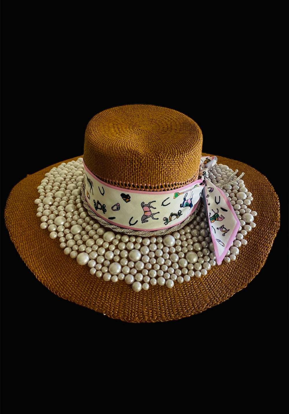 Big Brim Sun Hat W/Pearls, Crystals & Horse Ribbon