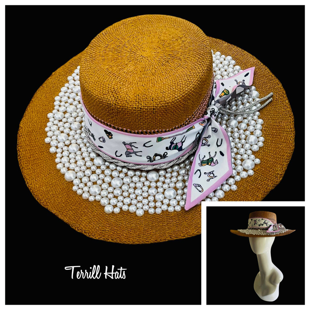 Big Brim Sun Hat W/Pearls, Crystals & Horse Ribbon