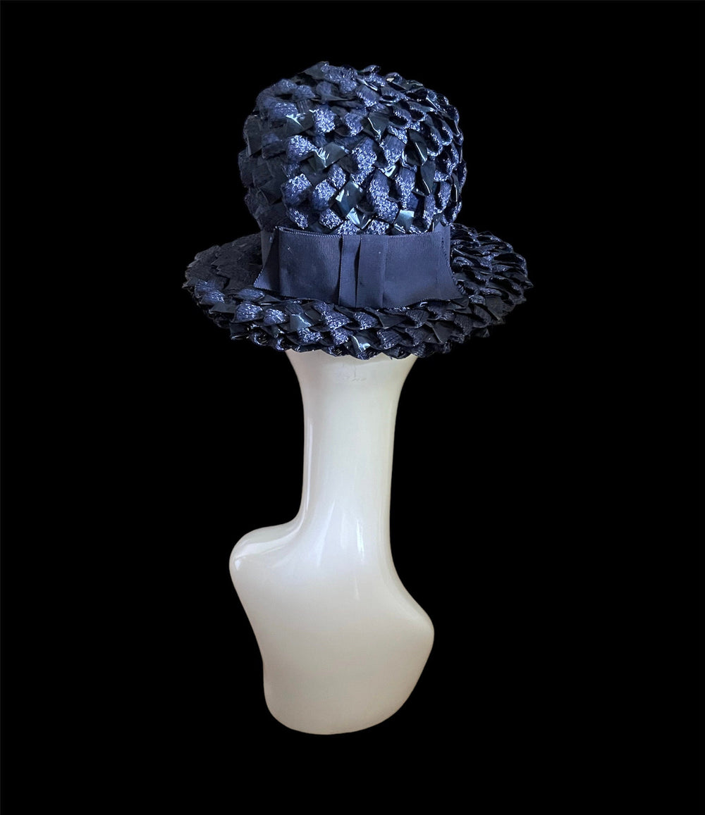 Vintage Navy Blue Cellophane Straw Hat