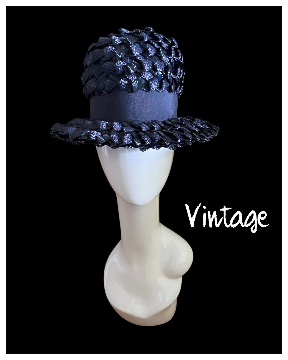 Vintage Navy Blue Cellophane Straw Hat