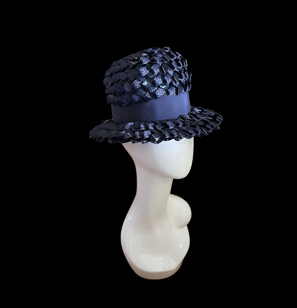 Vintage Navy Blue Cellophane Straw Hat