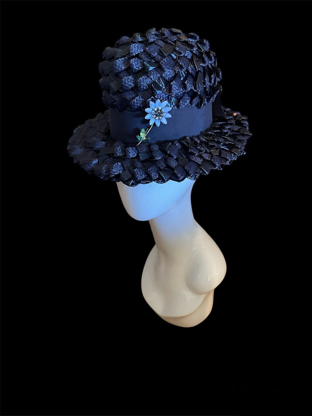 Vintage Navy Blue Cellophane Straw Hat
