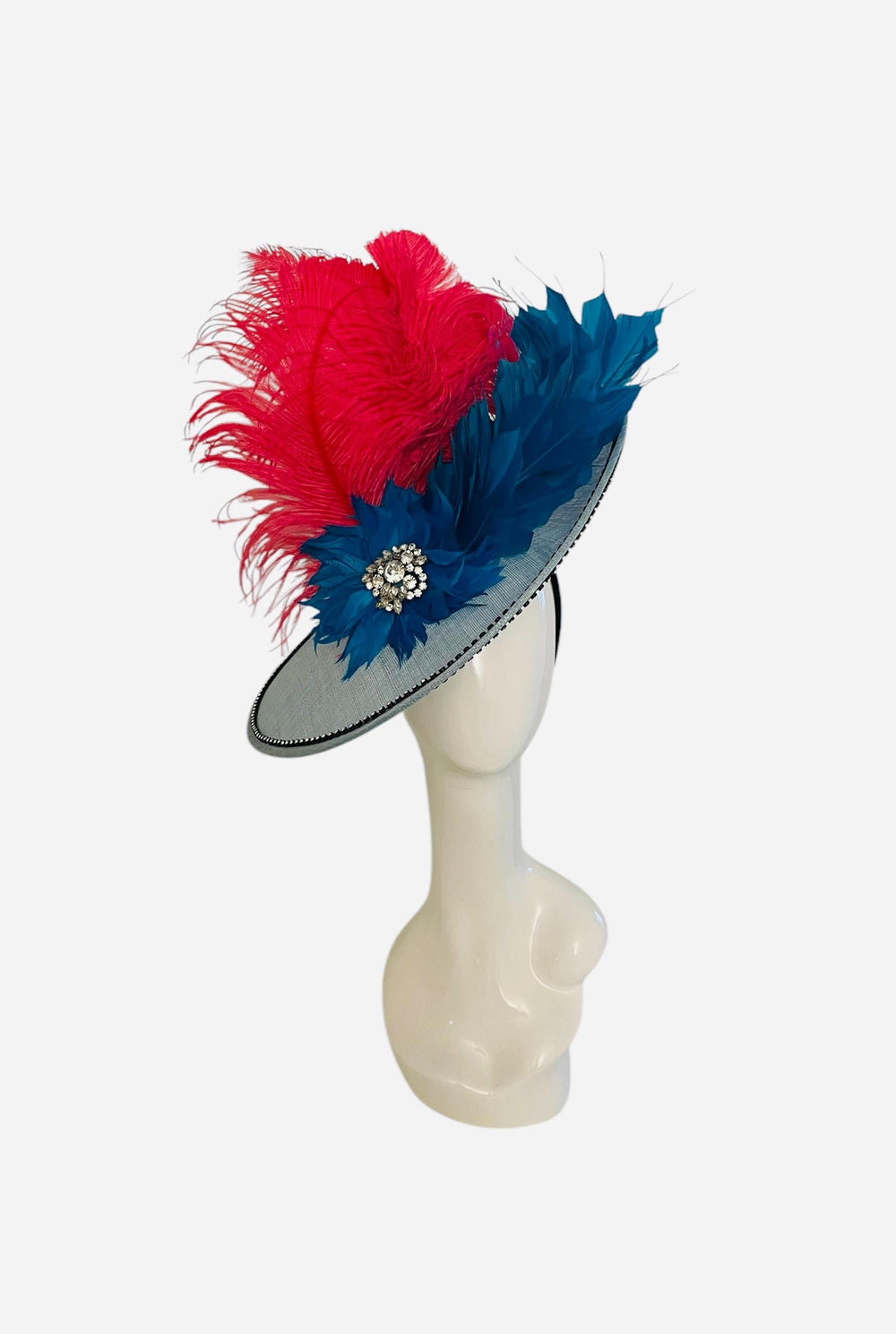 Big Pink & Blue Feathered Kentucky Derby Fascinator Hat With Crystals