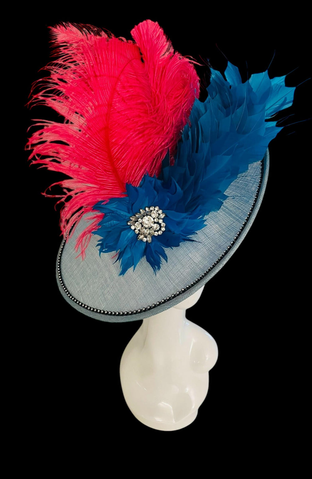 Big Pink & Blue Feathered Kentucky Derby Fascinator Hat With Crystals