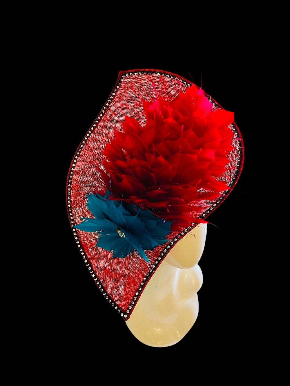 Bombshell Kentucky Derby Fascinator With Pink, Red & Blue Feathers