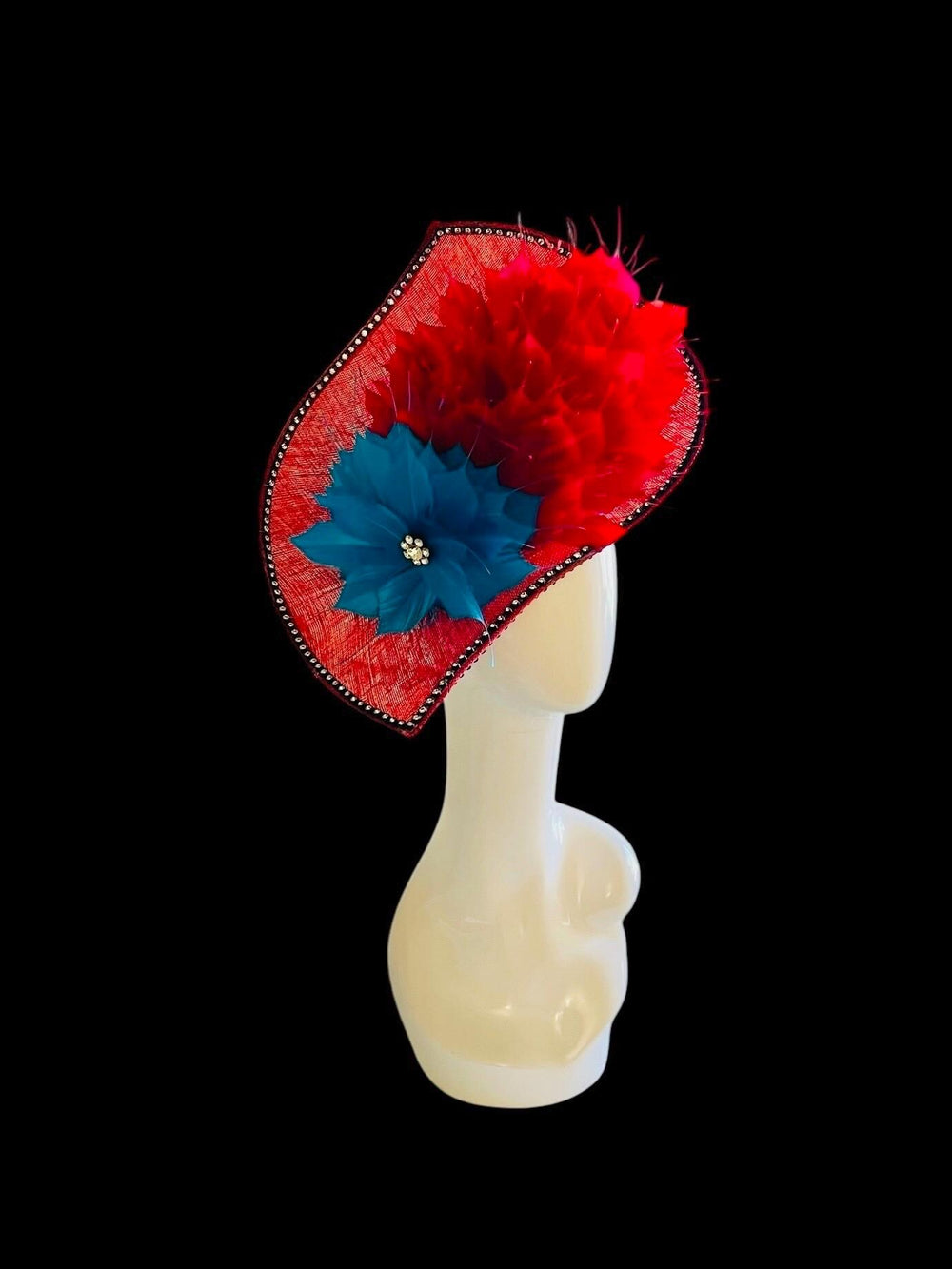 Bombshell Kentucky Derby Fascinator With Pink, Red & Blue Feathers