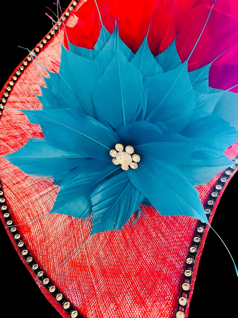 Bombshell Kentucky Derby Fascinator With Pink, Red & Blue Feathers
