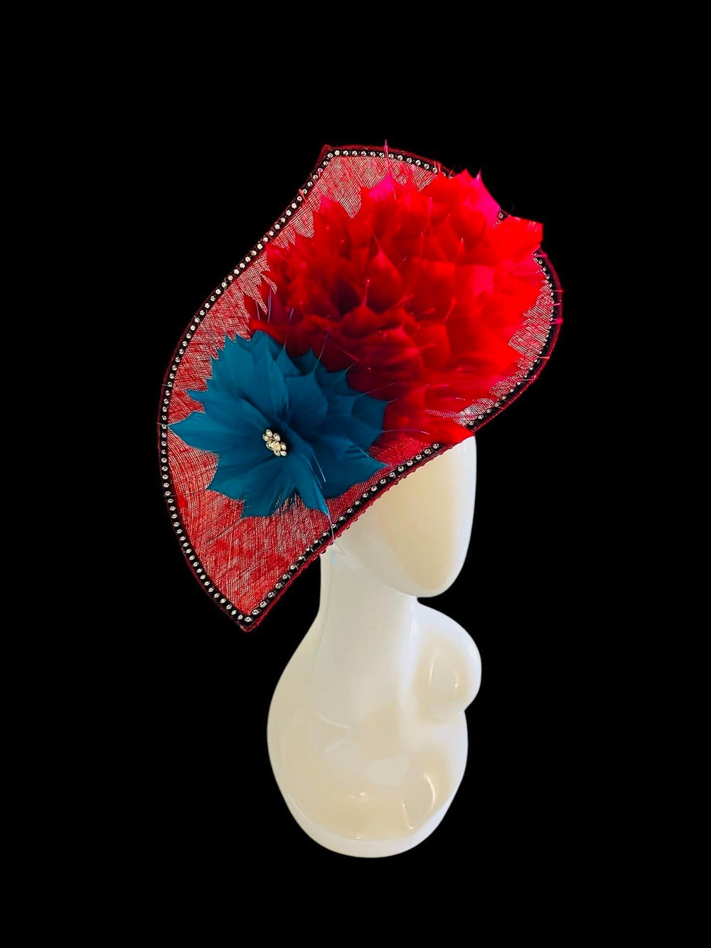 Bombshell Kentucky Derby Fascinator With Pink, Red & Blue Feathers