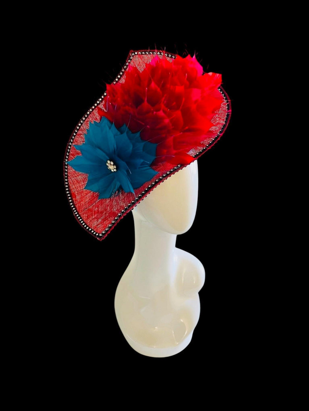 Bombshell Kentucky Derby Fascinator With Pink, Red & Blue Feathers